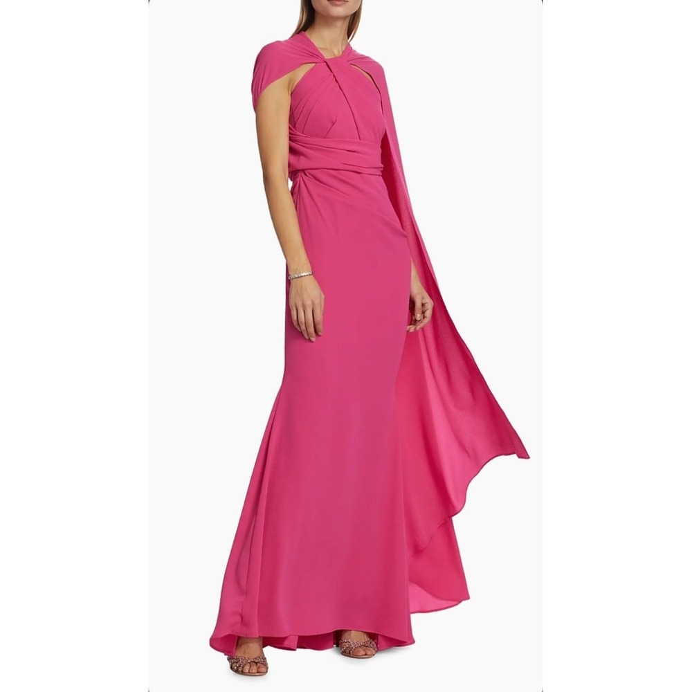 Talbot Runhof Crespina Cape‎ Sleeve Twisted Halter Cutout Gown Fuchsia Formal 10